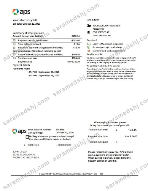 USA Arizona APS electricity proof of address utility bill template in Word and PDF format
